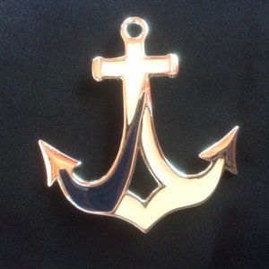 Vintage Blue & White Enamel Nautical Anchor Brooch Pin with Silver-tone Trimming